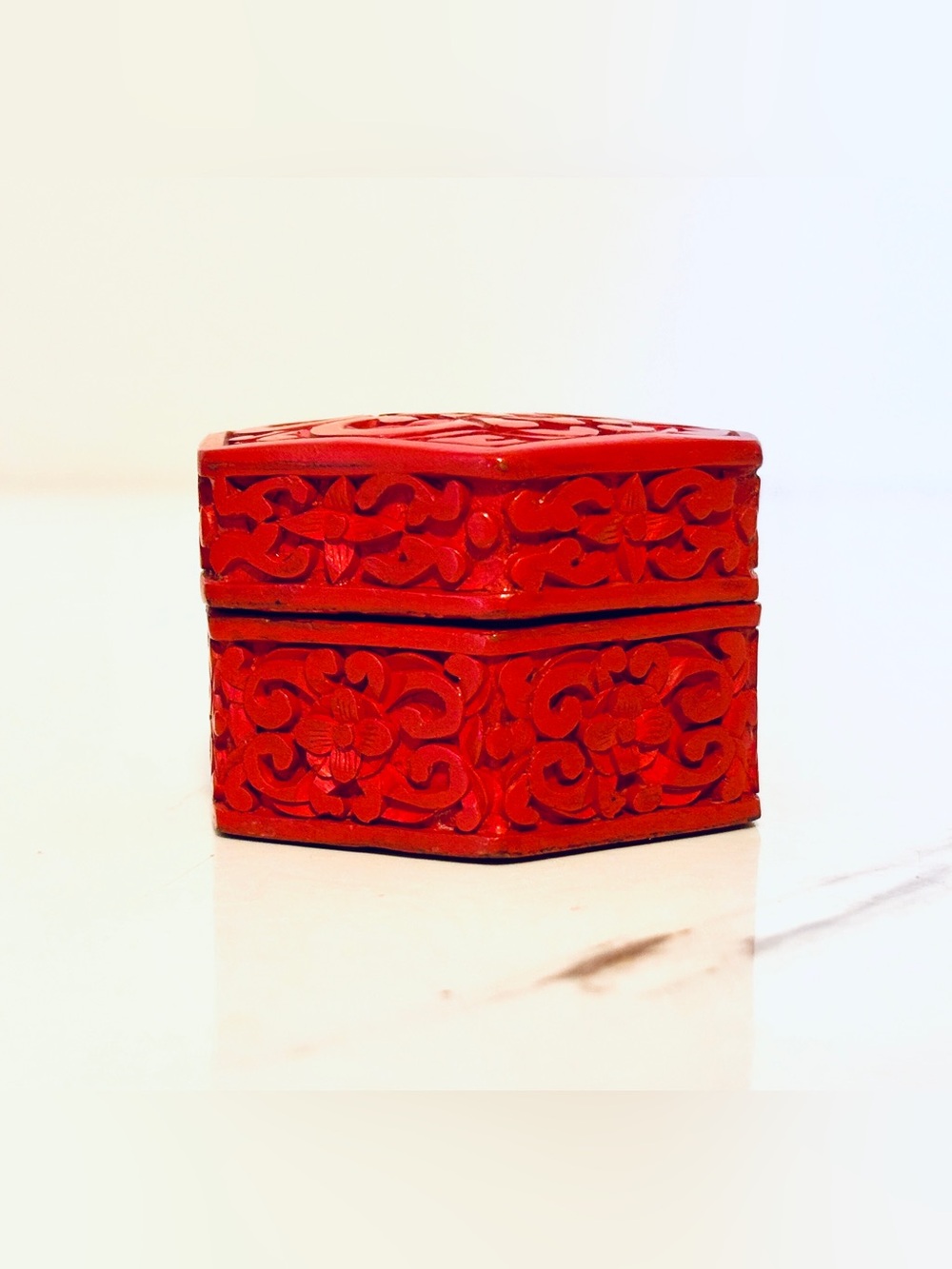 Vintage Chinese Carved Cinnabar Lacquer Hexagon Trinket Box Blue Enamel 1960’s